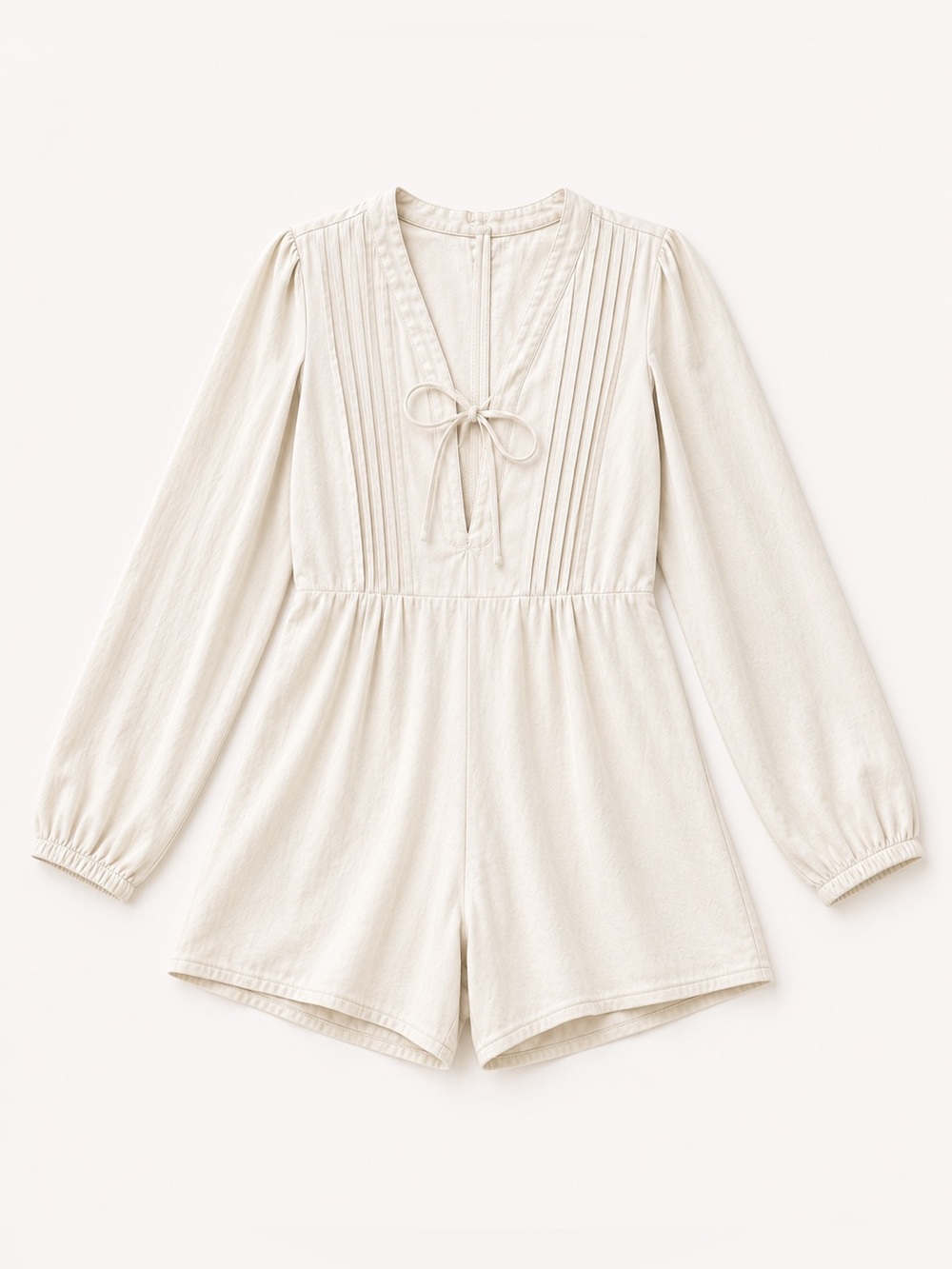 SHEIN Cream Pintuck Tie-Front Long Sleeve Romper Medium